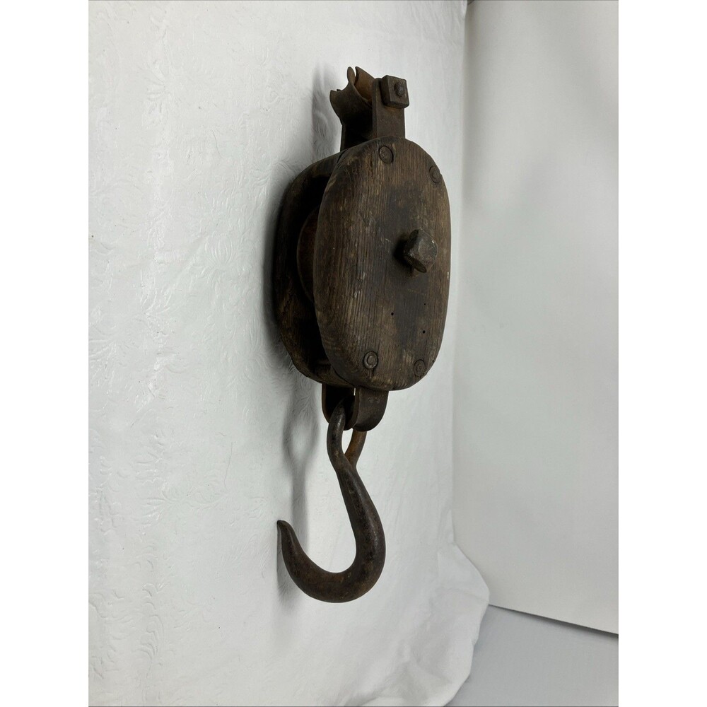 Antique Vintage Large Wooden Single Block Barn Pulley Iron Hook Steampunk Decor